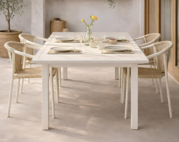 Mesas para exterior decoradas en terraza con vajilla, textiles y centro de mesa