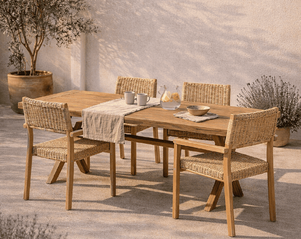 Sillas de terraza de dise&ntilde;o en espacio exterior con mesa y decoraci&oacute;n contempor&aacute;nea