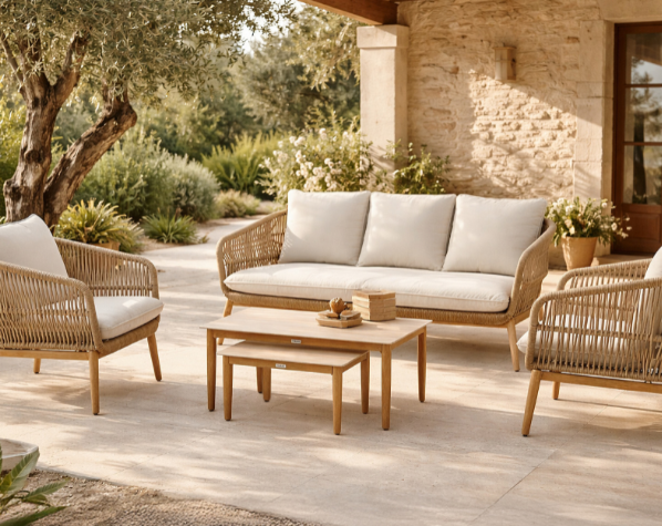 Muebles de jard&iacute;n modernos en terraza con sof&aacute;, mesa auxiliar y decoraci&oacute;n exterio