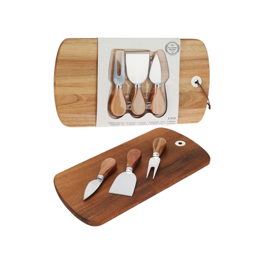 Tabla de quesos de madera de acacia con 3 utensilios