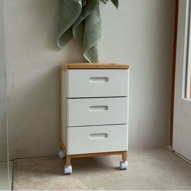 Carro de baño de madera con ruedas y 3 cajones 32x30x58cm