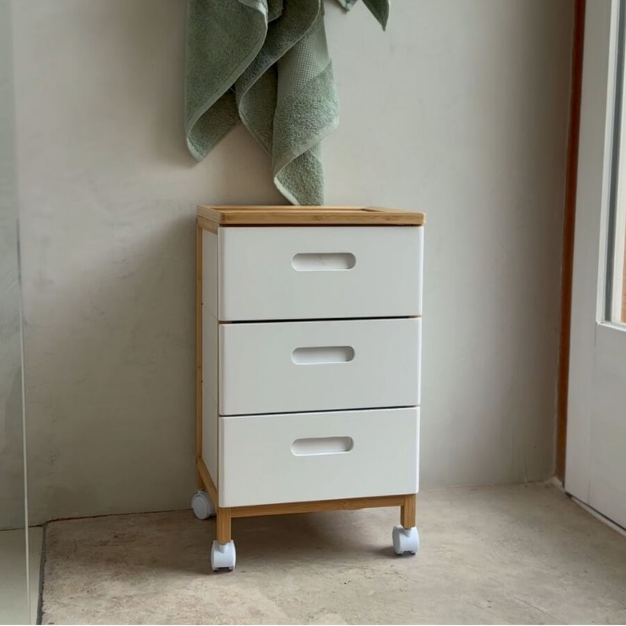 Carro de baño de madera con ruedas y 3 cajones 32x30x58cm
