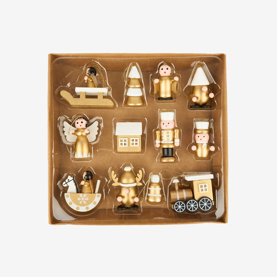 Set de 12 adornos colgantes de madera dorados