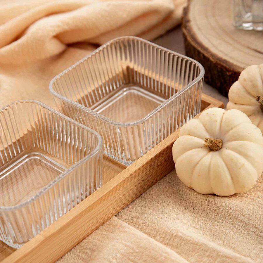 Set de 3 cuencos de vidrio en bandeja de bambú Sena