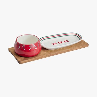 Set de aperitivo de 3 piezas de cer&aacute;mica y madera Navidad 29x11x6cm