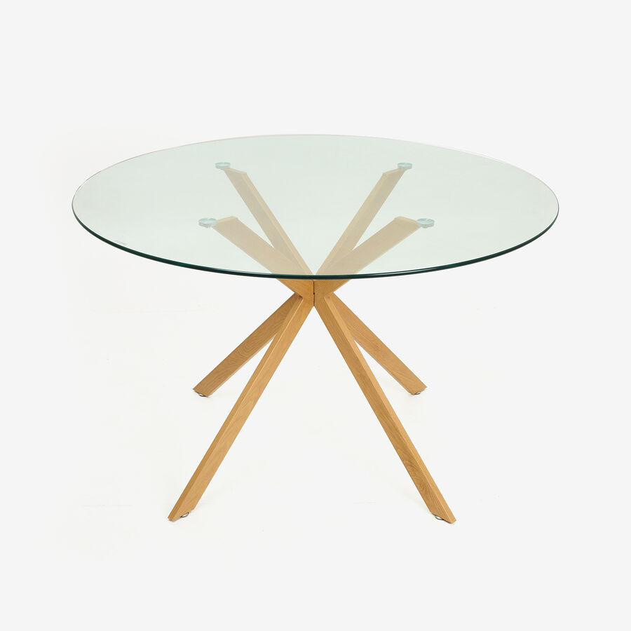 Mesa de comedor de cristal con patas de madera natural Fita &Oslash;120x75cm