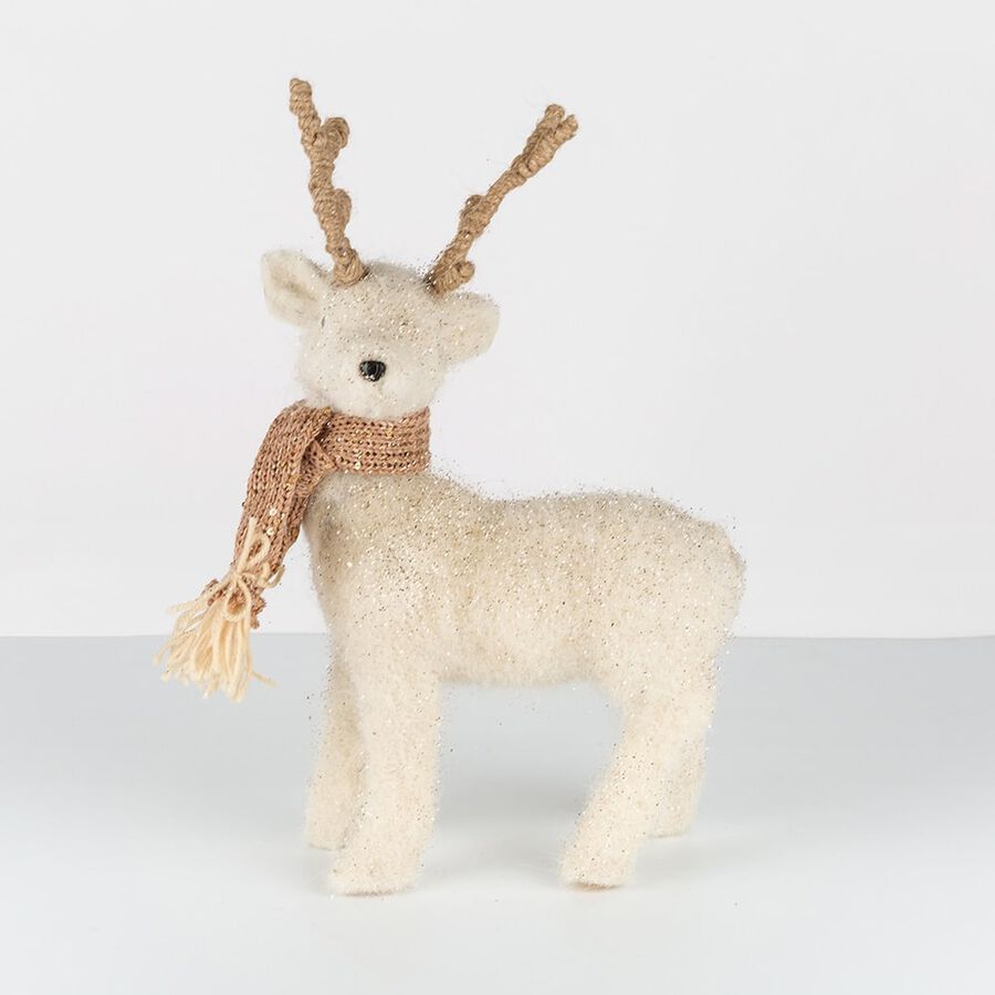 Reno de fieltro marr&oacute;n con bufanda dorada