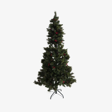 &Aacute;rbol de Navidad verde con bayas rojas y pi&ntilde;as 180cm