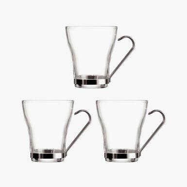 Set 3 Tazas de t&eacute; de cristal con asa de acero inoxidable Square 25cl