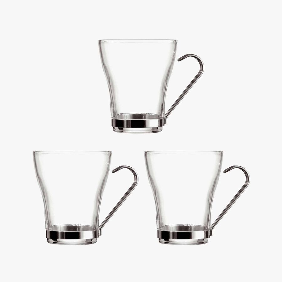 Set 3 Tazas de t&eacute; de cristal con asa de acero inoxidable Square 25cl