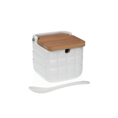 Azucarero de cerámica blanco con cuchara cuadros 8x8x8cm