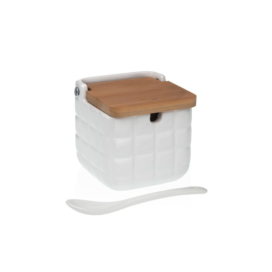 Azucarero de cerámica blanco con cuchara cuadros 8x8x8cm