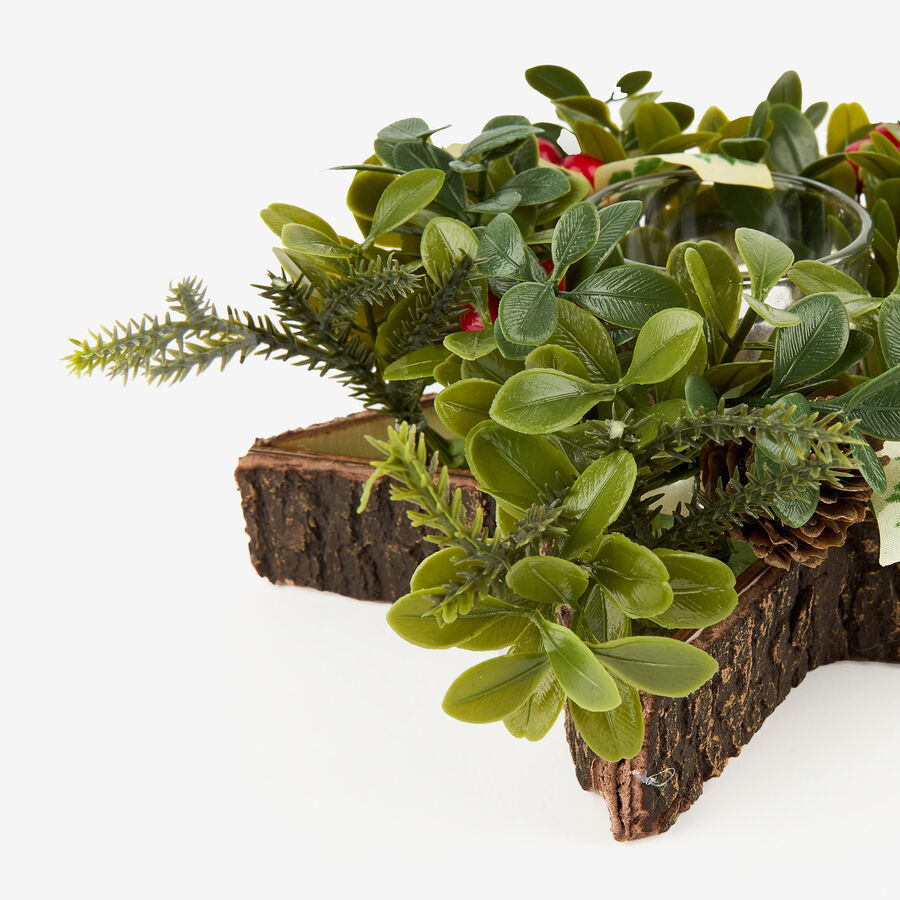 Portavelas de acebo y piñas Ø18x8cm