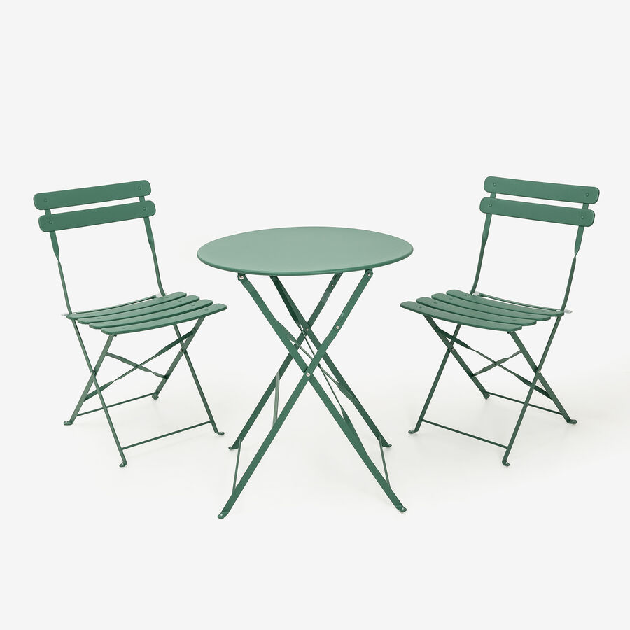 Set de jardín plegable de mesa y 2 sillas de acero verde Bistro