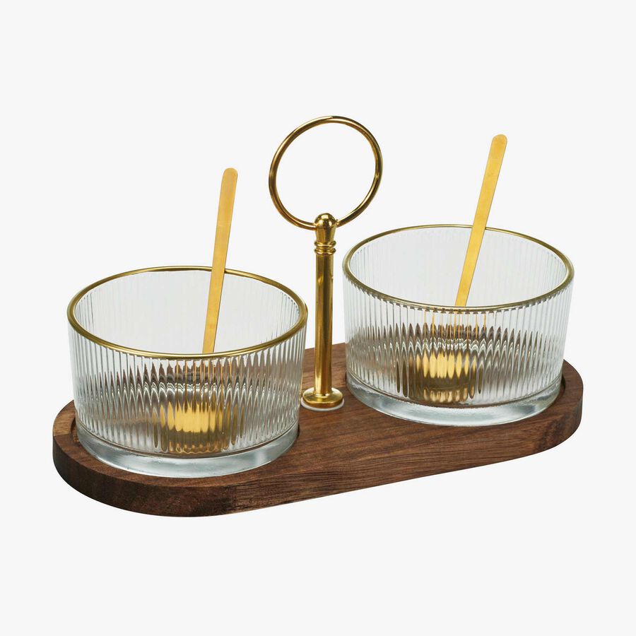 Set de aperitivo de 5 piezas de madera de acacia y cristal con filo dorado 21x10x7cm