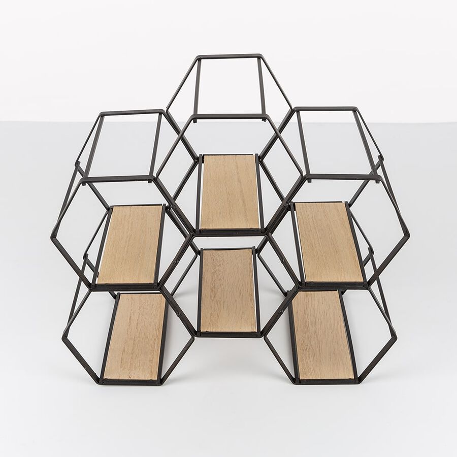 Botellero colmena de metal y madera para 6 botellas 29,5x15x25,5cm