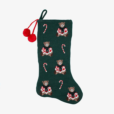 Calcet&iacute;n de Navidad de punto verde con ositos Teddy