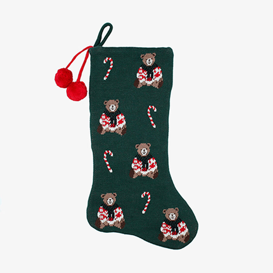 Calcet&iacute;n de Navidad de punto verde con ositos Teddy