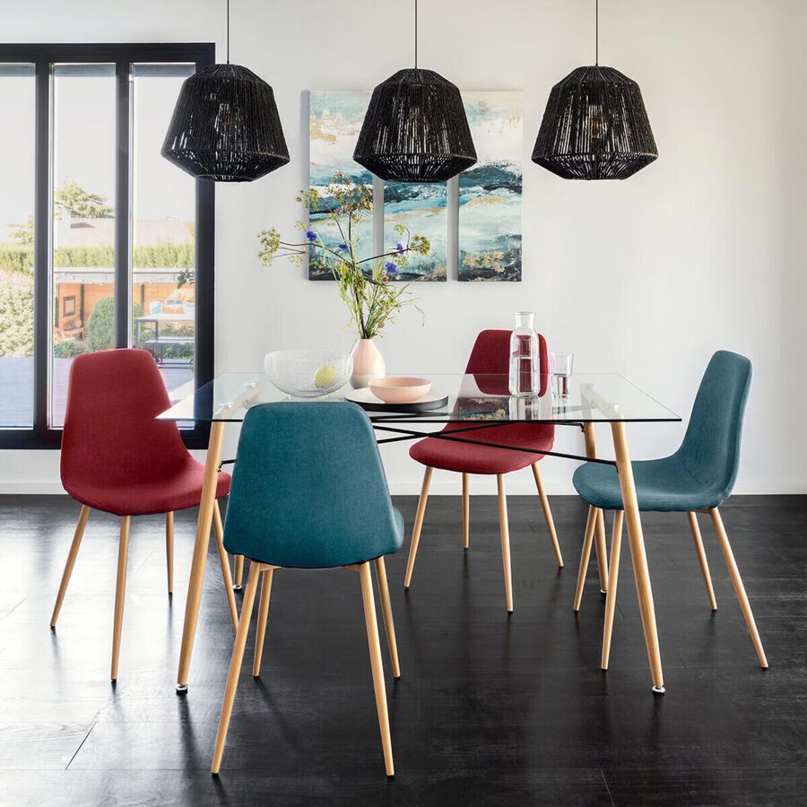 Silla de comedor azul de terciopelo con patas de metal efecto madera Navel