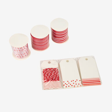 Set de cintas y etiquetas para regalo rojo y blanco