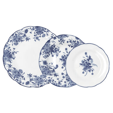 Vajilla 12 piezas con flores azul de porcelana Charlotte