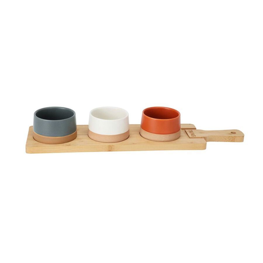Set de 3 bols de gres de colores con bandeja madera
