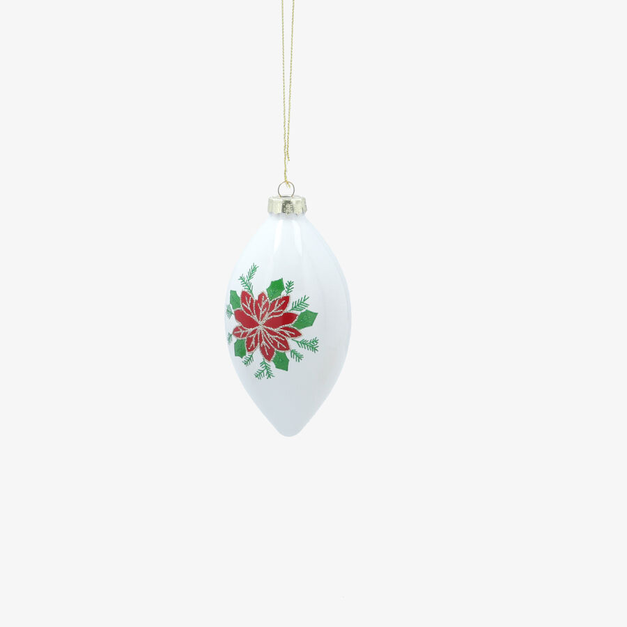 Bola de Navidad de l&aacute;grima blanca de cristal con flor de Pascua 10cm