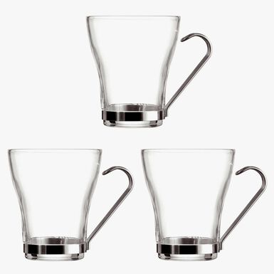Set 3 Tazas de t&eacute; de cristal con asa de acero inoxidable Square 25cl