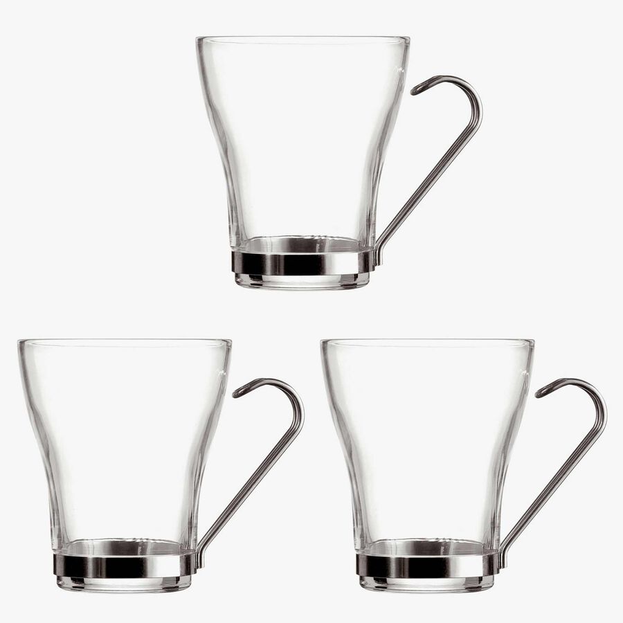 Set 3 Tazas de t&eacute; de cristal con asa de acero inoxidable Square 25cl