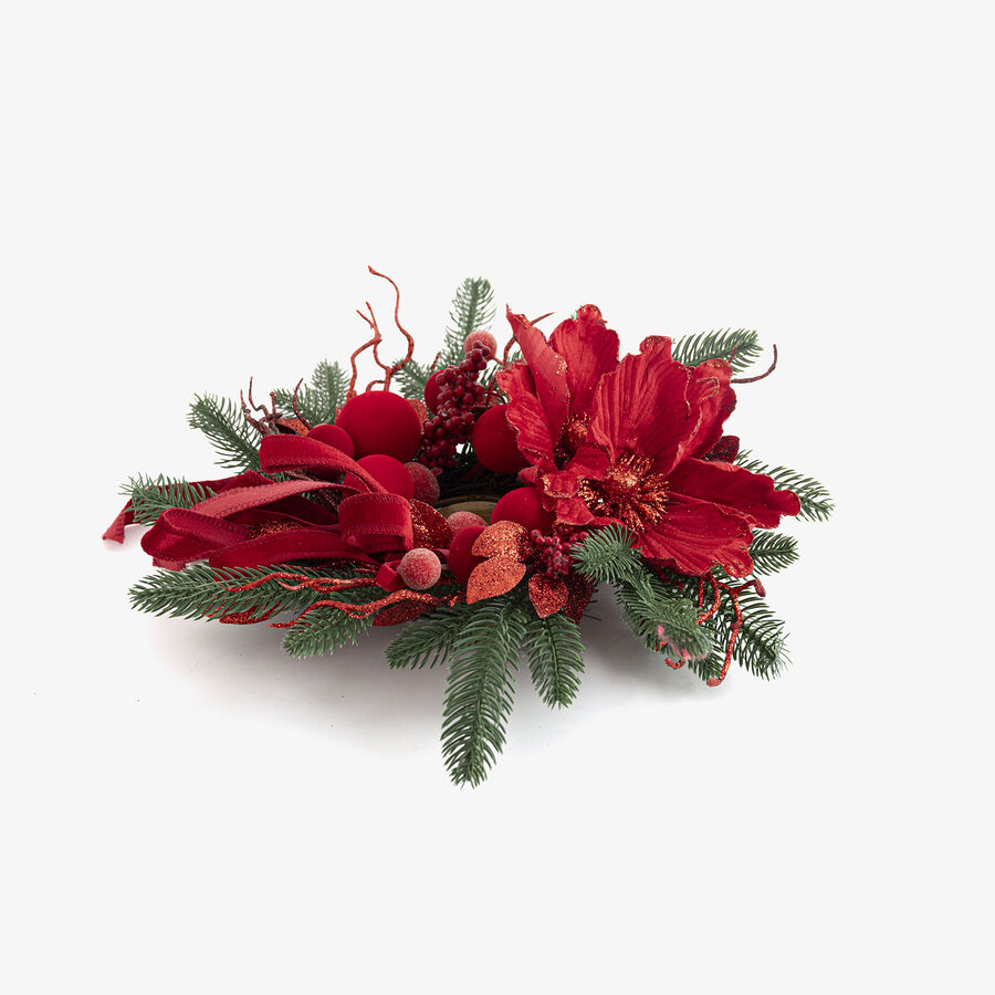 Portavelas de Navidad verde con flores rojas 30cm
