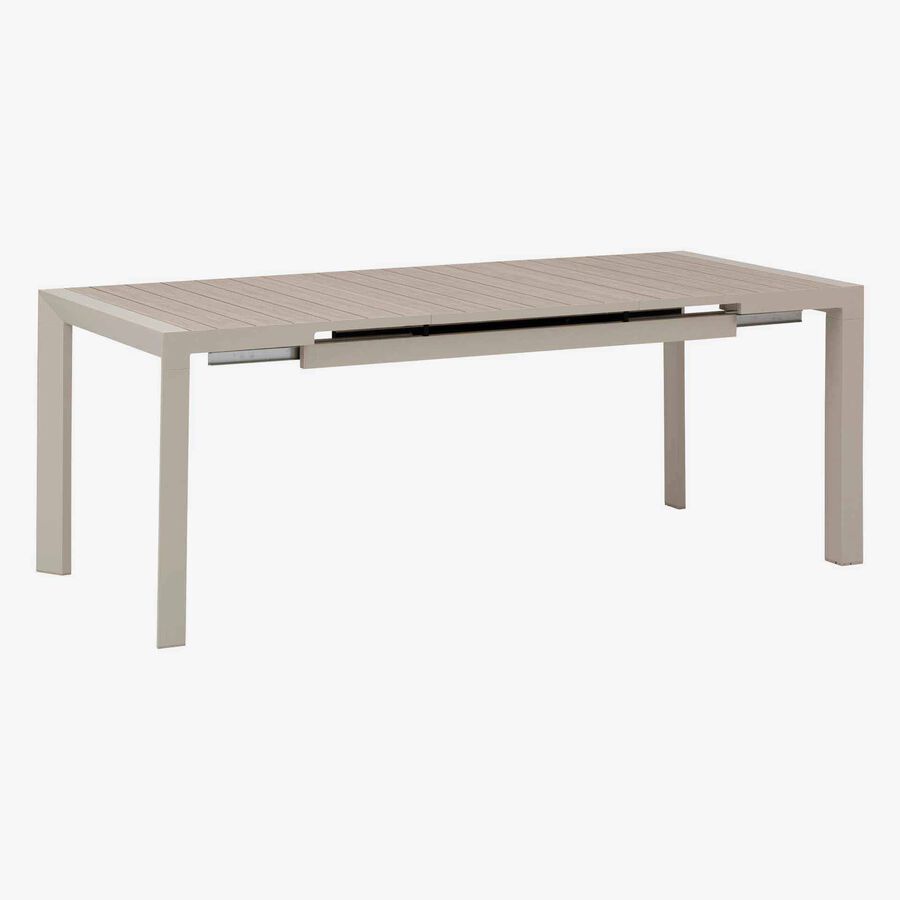 Mesa de comedor de jard&iacute;n extensible de aluminio efecto madera lino Evora 142x90x77cm