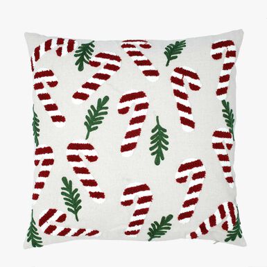Funda de coj&iacute;n bastones de caramelo con acebo 45x45cm