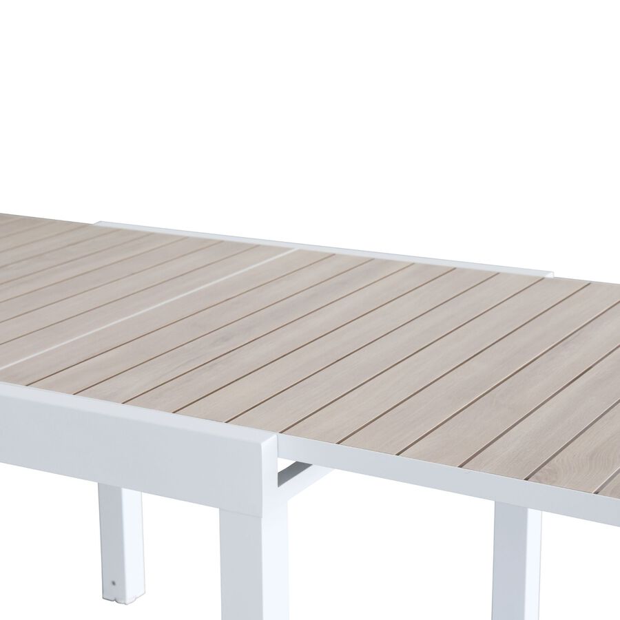 Mesa de jard&iacute;n extensible de aluminio blanco con efecto madera Albir 90/180x90x76cm