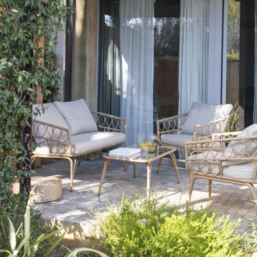 Set de jard&iacute;n 4 piezas rat&aacute;n sint&eacute;tico Creta