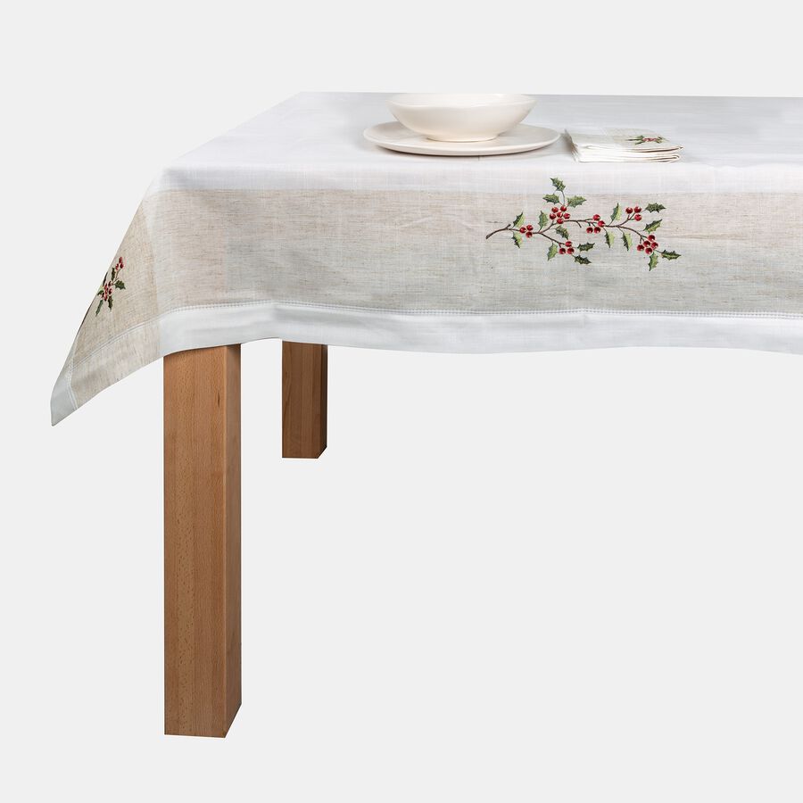 Mantel de Navidad blanco bordado Mu&eacute;rdago 150x300cm