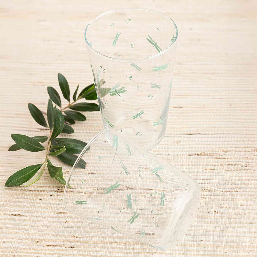 Vaso de vidrio transparente con lib&eacute;lulas verdes Suede 40cl