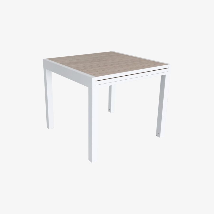 Mesa de jard&iacute;n extensible de aluminio blanco con efecto madera Albir 90/180x90x76cm