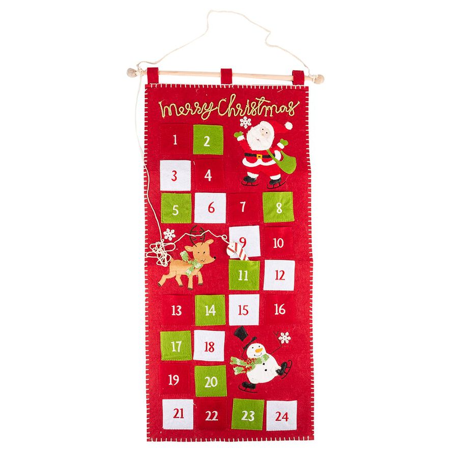 Calendario de adviento de fieltro rojo para colgar