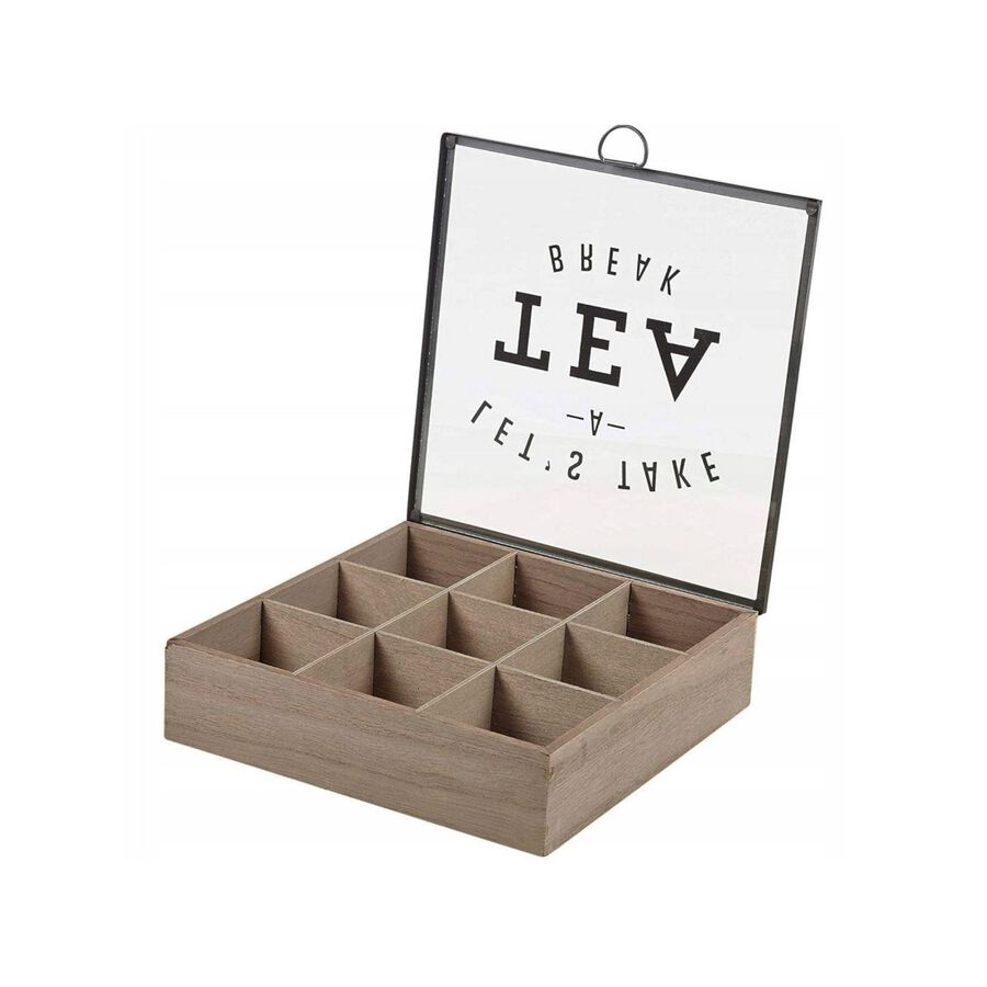 Caja de t&eacute; de madera con 9 compartimentos 24x24cm