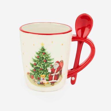 Mug de cerámica con cuchara Santa Claus con árbol