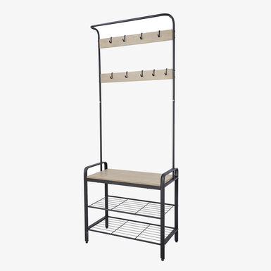 Perchero de recibidor con banco y zapatero negro de metal y MDF natural 76x40x180cm