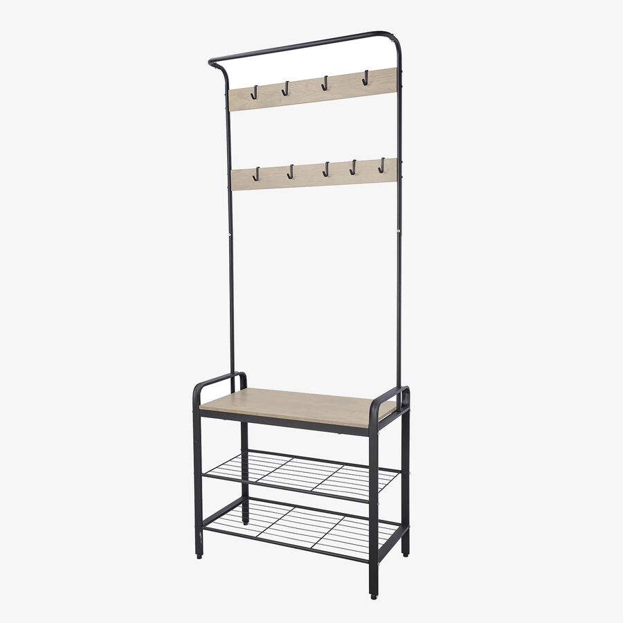 Perchero de recibidor con banco y zapatero negro de metal y MDF natural 76x40x180cm
