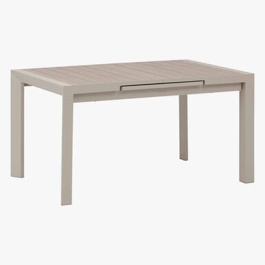 Mesa de comedor de jard&iacute;n extensible de aluminio efecto madera lino Evora 142x90x77cm
