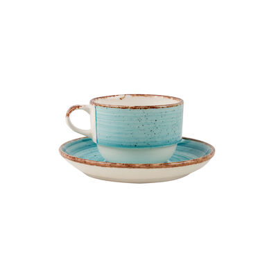 Taza de t&eacute; azul con plato de porcelana 23cl