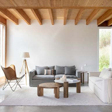 Set de sofá de 3 plazas de lino con puf gris Aiden 220x110x80cm Clau&Chloe