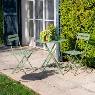 Set de jard&iacute;n de mesa y 2 sillas de acero verde Bistro