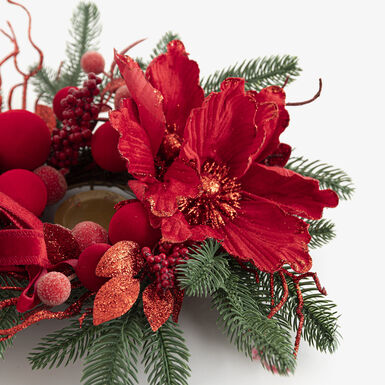 Portavelas de Navidad verde con flores rojas 30cm
