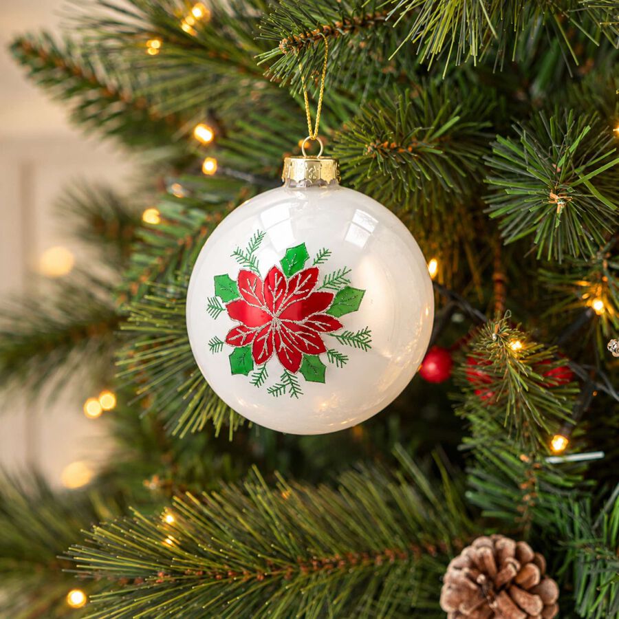 Bola de Navidad blanca de cristal con flor de Pascua &Oslash;8cm