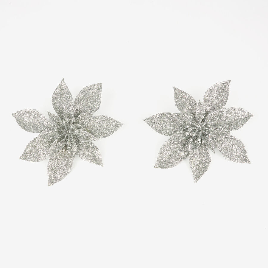 Set de 2 adornos colgantes Poinsettias con clip plateadas Ø15cm