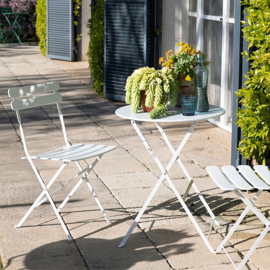 Set de jard&iacute;n plegable de mesa y 2 sillas de acero blanco Bistro